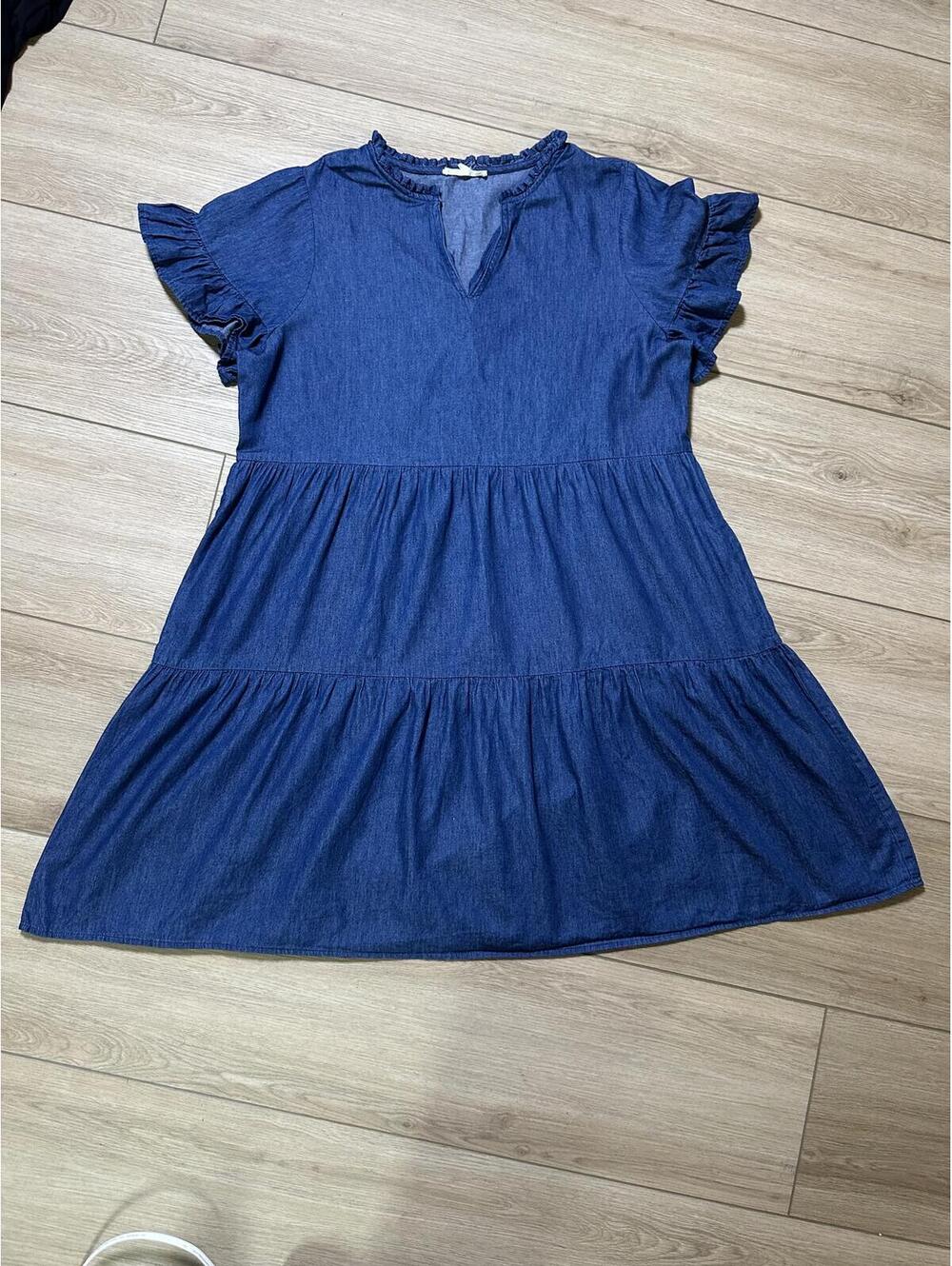 Blue Denim Ruffle Sleeve Tiered Dress Size L